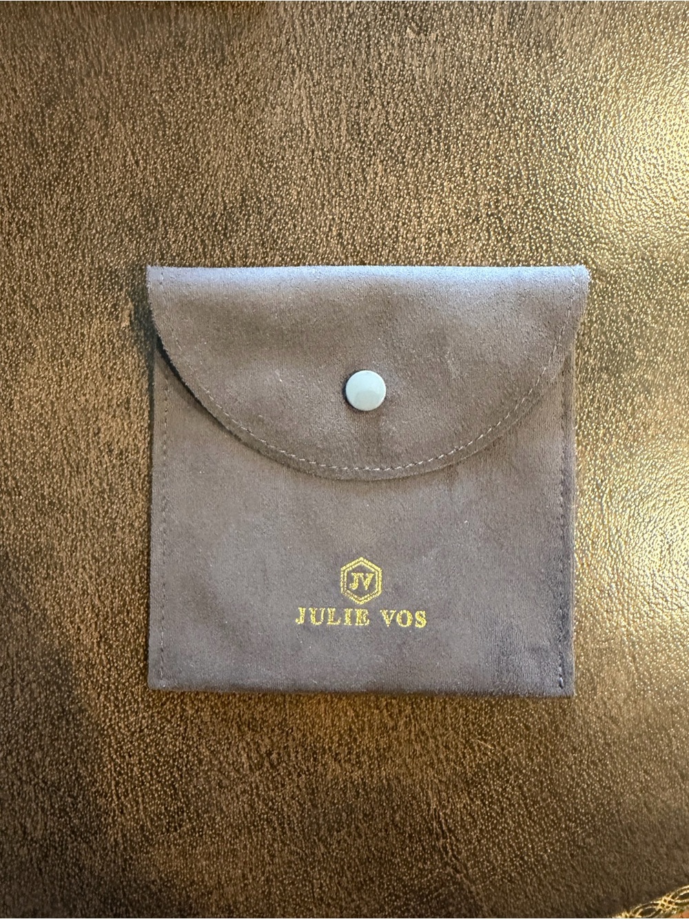 4-Julie Vos Suede Jewelry Pouch in Grey Taupe with Gold Logo